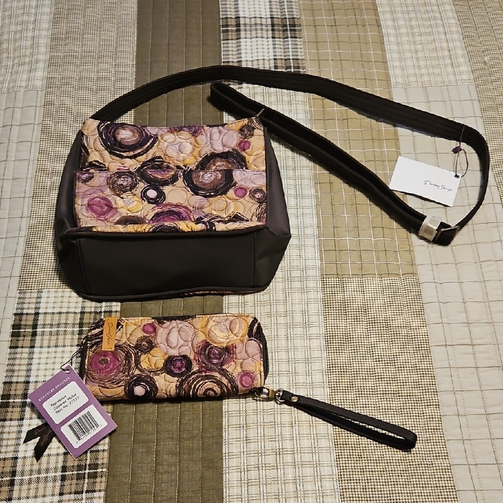 NWT Donna Sharp Expression  Brown and Purple Shoulder/Crossbody Bag & Wallet